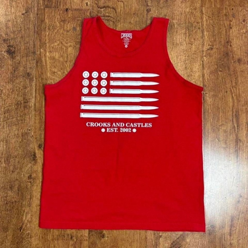 VTG Crooks and Castles Red Graphic Tank Distressed Bullet Flag‎ Tee Blokecore